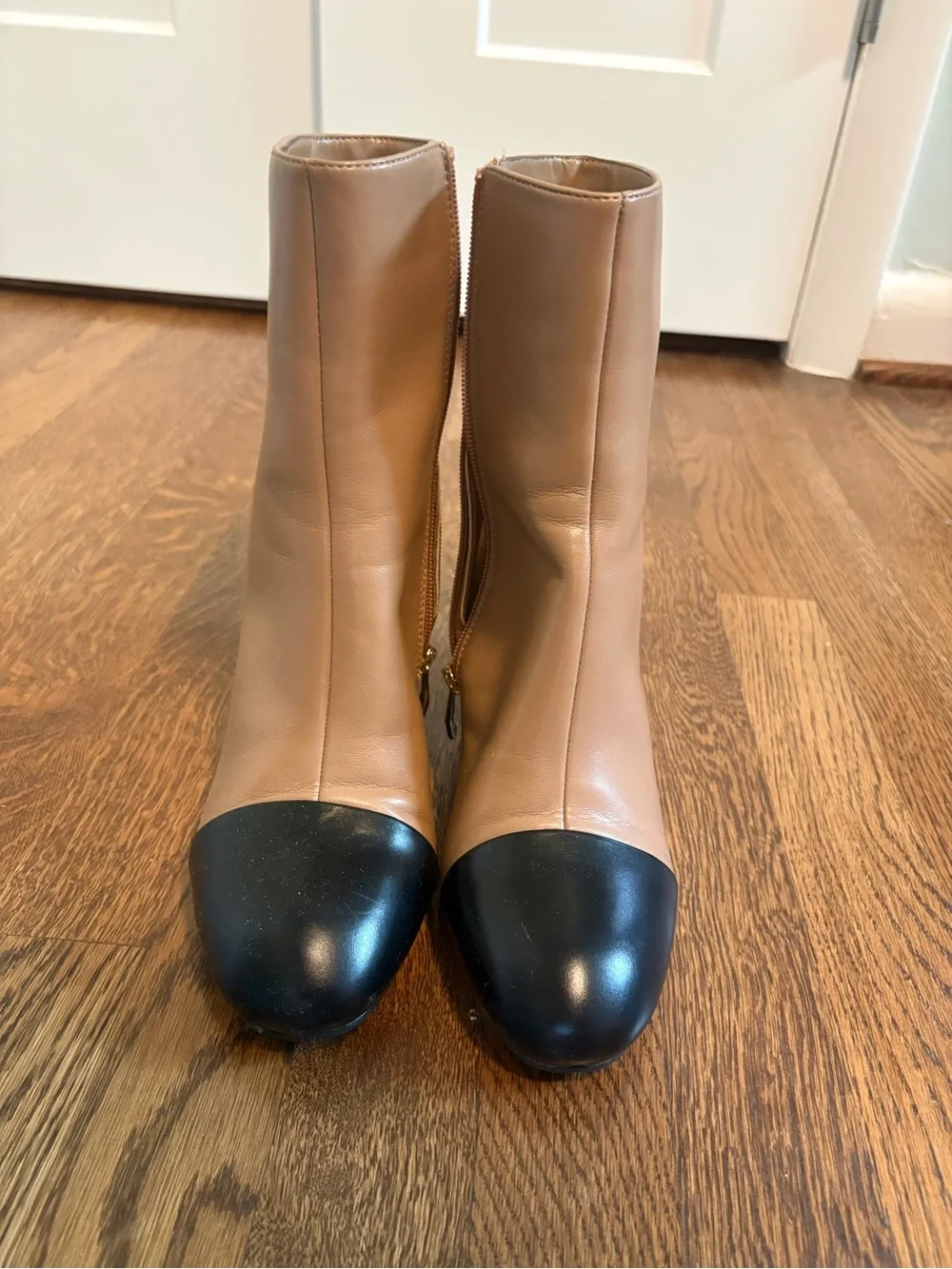 Taupe and Black Two-Tone Leather Ankle Boots